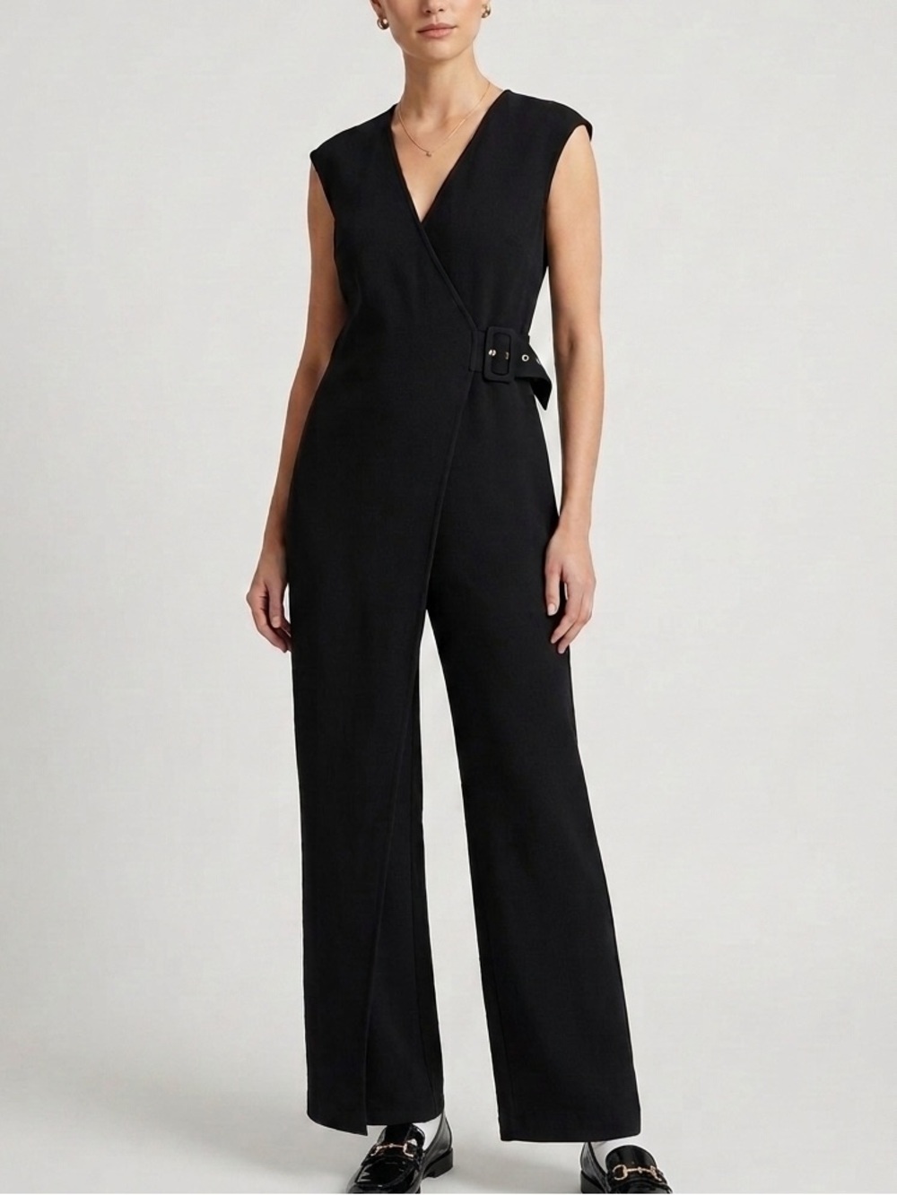 Sfera Madrid Black Wrap Front Jumpsuit Buckle Waist Small-Medium